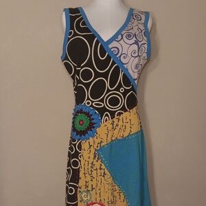 Bella Carra Knit Dress Embroidered Patchwork Boho Vibrant Asymmetrical Dress